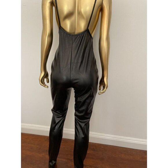 Cherie Los Angeles Black Faux Leather Catsuit Front Zipper & Spaghetti Strap - Picture 3 of 7